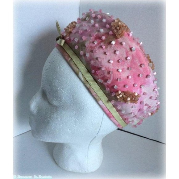 Mid Century Wm Silverman Beaded Pastel Pillbox Hat